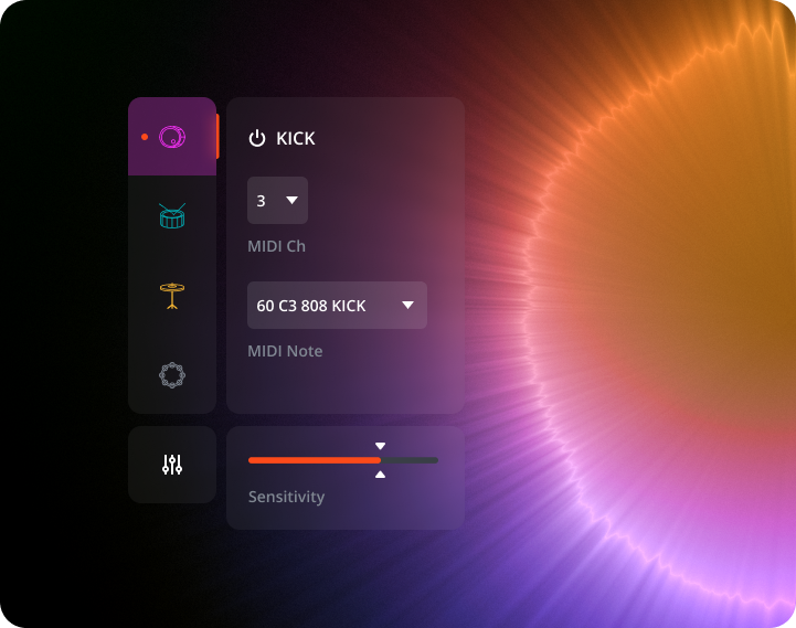 Bace's Drum track menu with MIDI note and MIDI channel options.